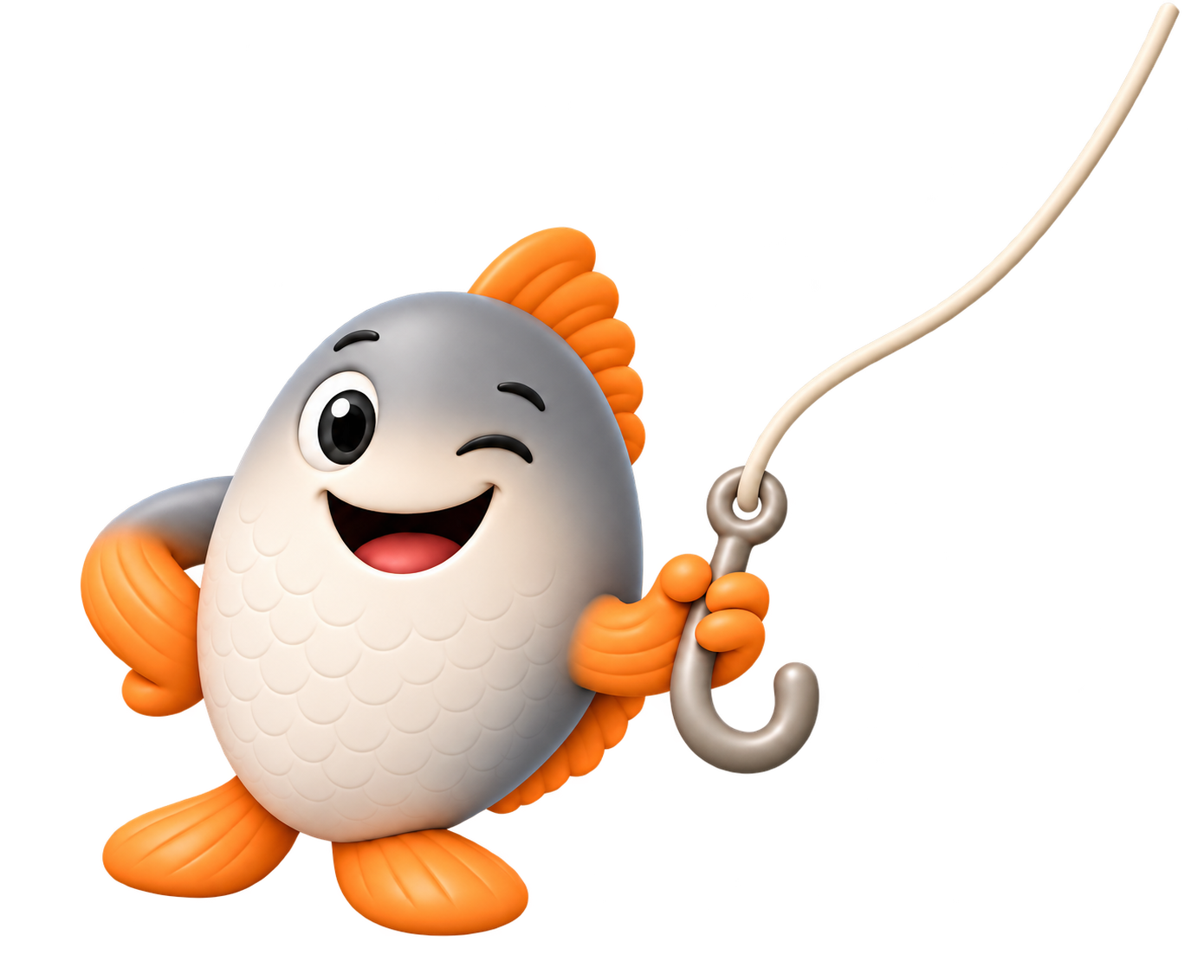 Scamable mascot holding a fishing hook